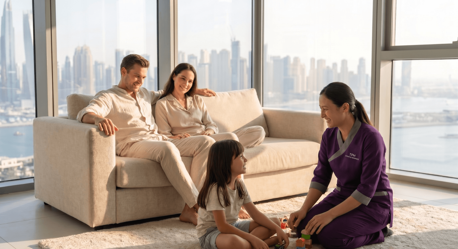 Family relaxing at home after they hire a maid in Dubai to support childcare and daily tasks