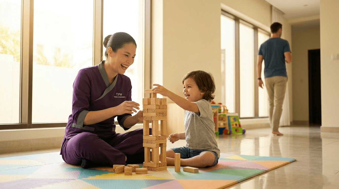 Nanny in Dubai playing with a young child building wooden blocks in a bright family home while a parent walks in the background