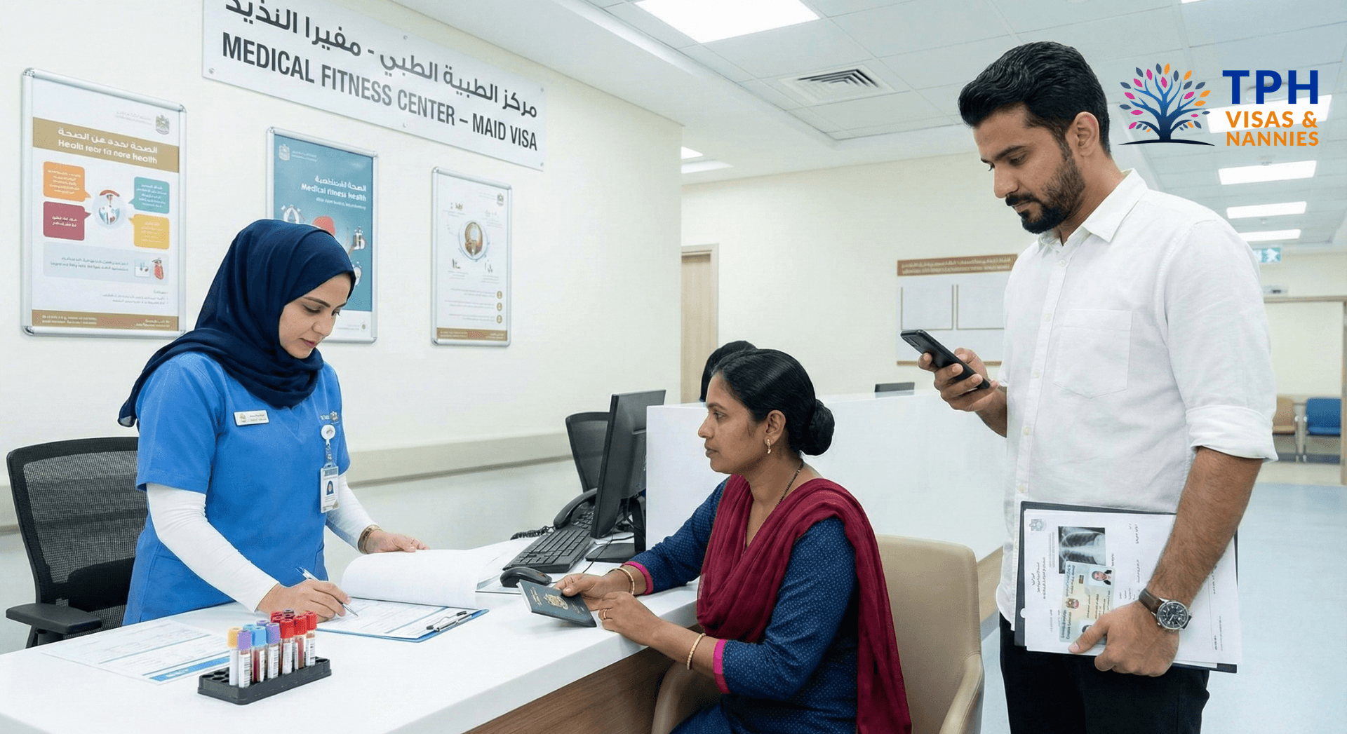 Medical fitness test for maid visa in Dubai with sponsor and domestic worker at a government center.