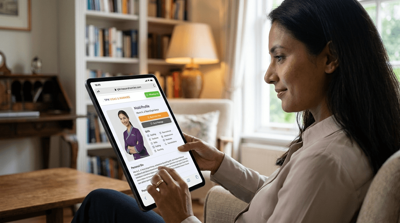 Woman using a tablet to find a maid in Dubai through an online agency profile.