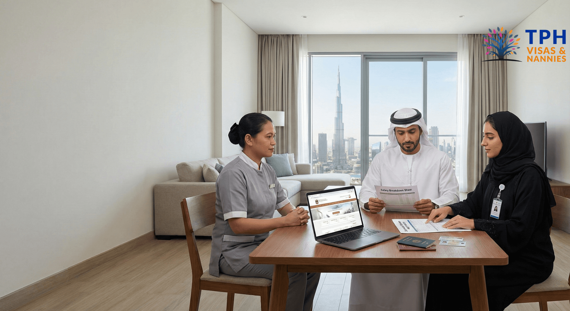 Full time maids in Dubai being hired by a family during a legal sponsorship and salary discussion at home.