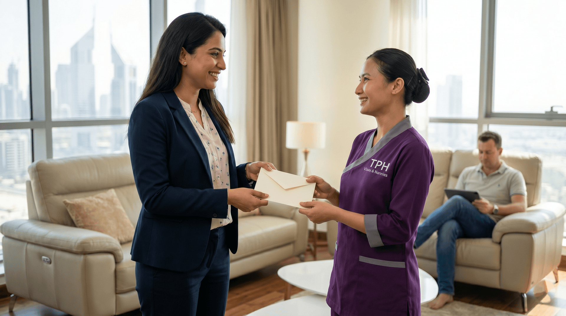 Woman handing travel NOC document to domestic worker for maid visa in Dubai process in a modern home setting