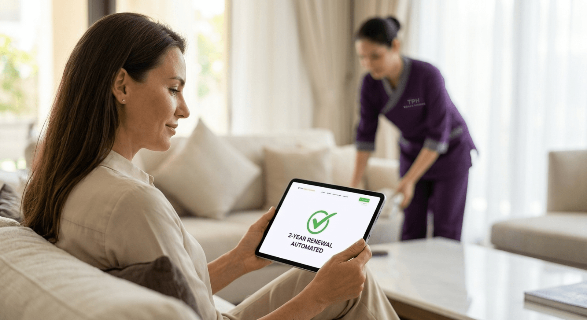 Woman reviewing nanny visa Dubai process on tablet while nanny cleans in background