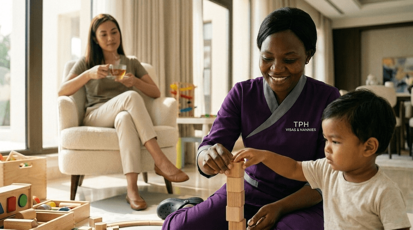 A professional nanny playing with a toddler at home, highlighting services for a maid visa in Dubai