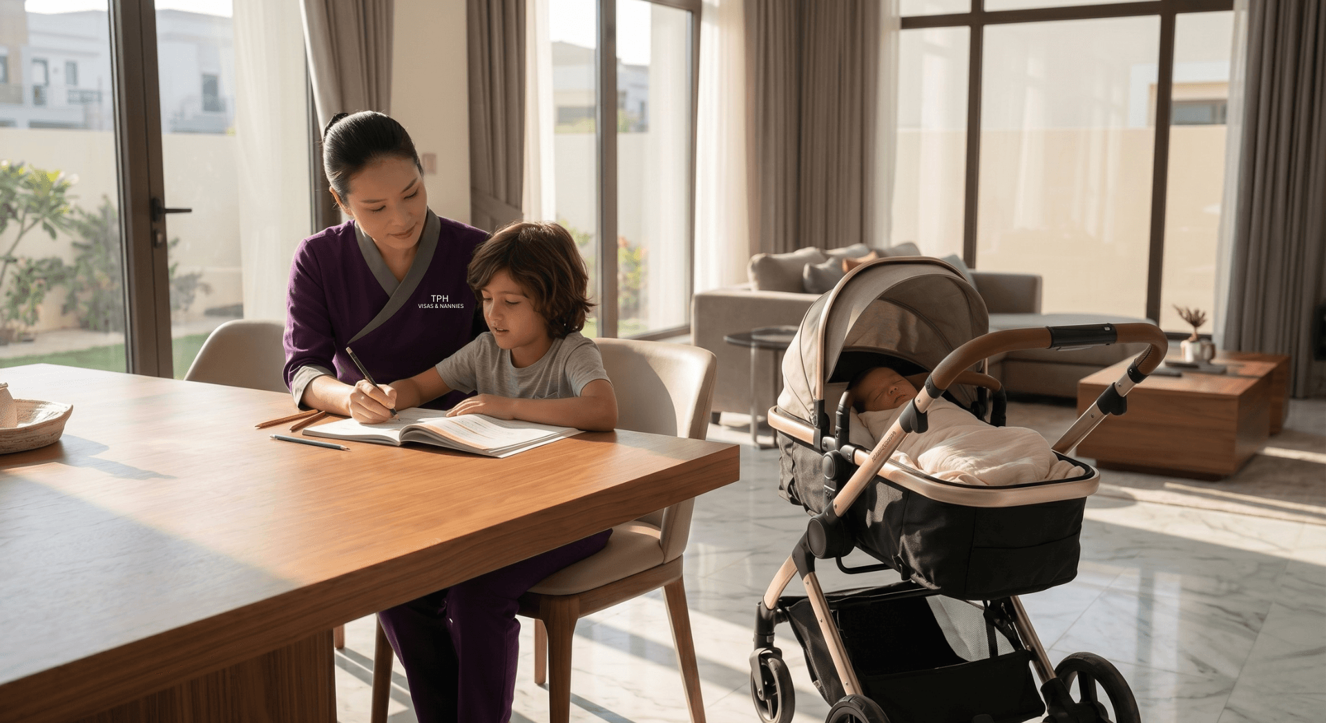 Hire a nanny in Dubai helping an older child with homework while caring for a newborn in a modern family home.