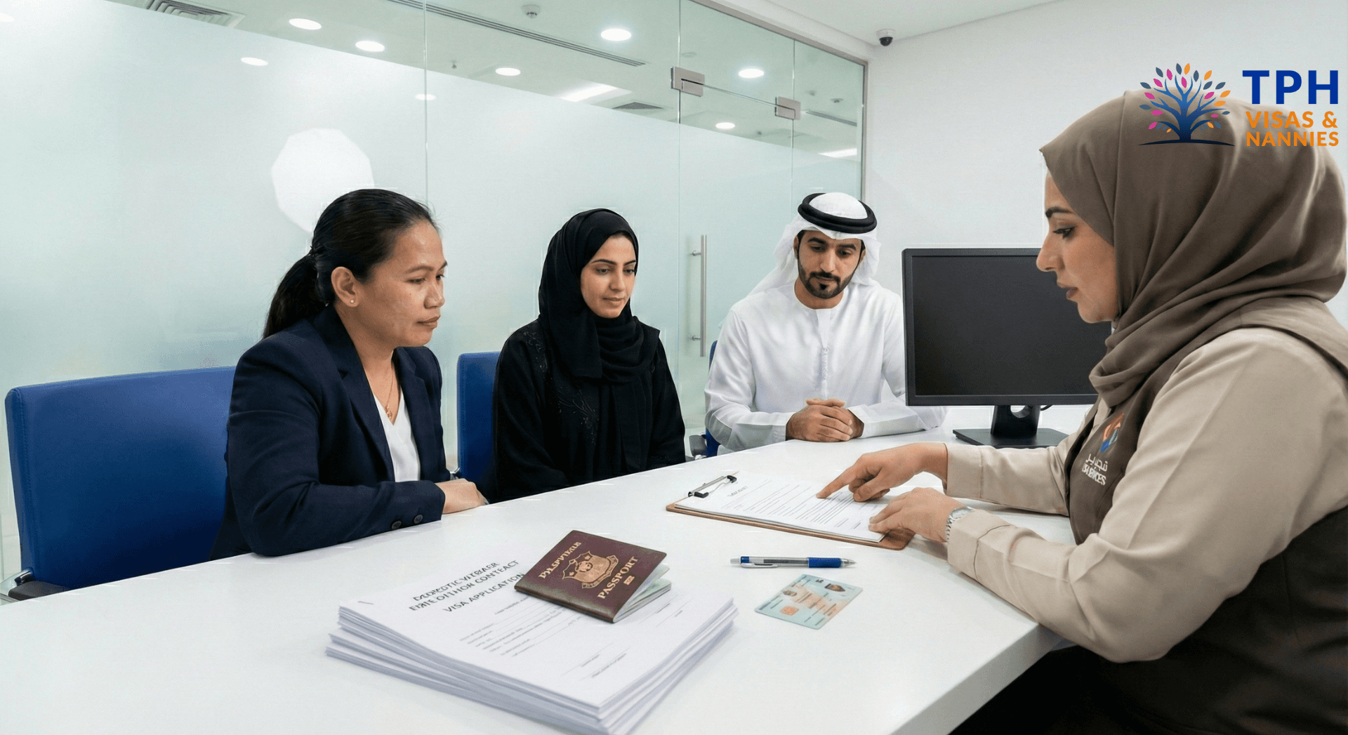 Filipino maid in Dubai completing visa and contract formalities with a family at a service center.