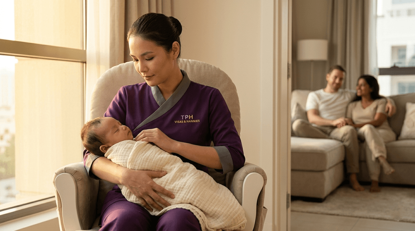 Nanny in Dubai holding a newborn baby while parents relax nearby