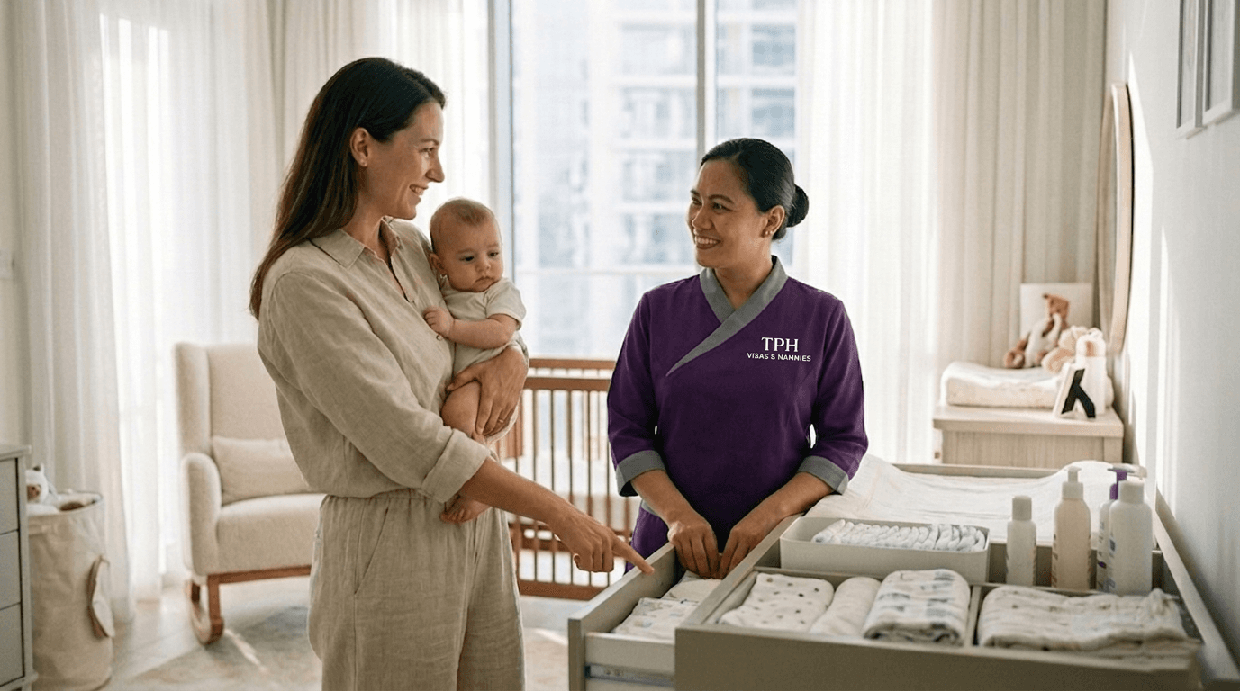 Mother with infant discussing care routine with a nanny in Dubai at home