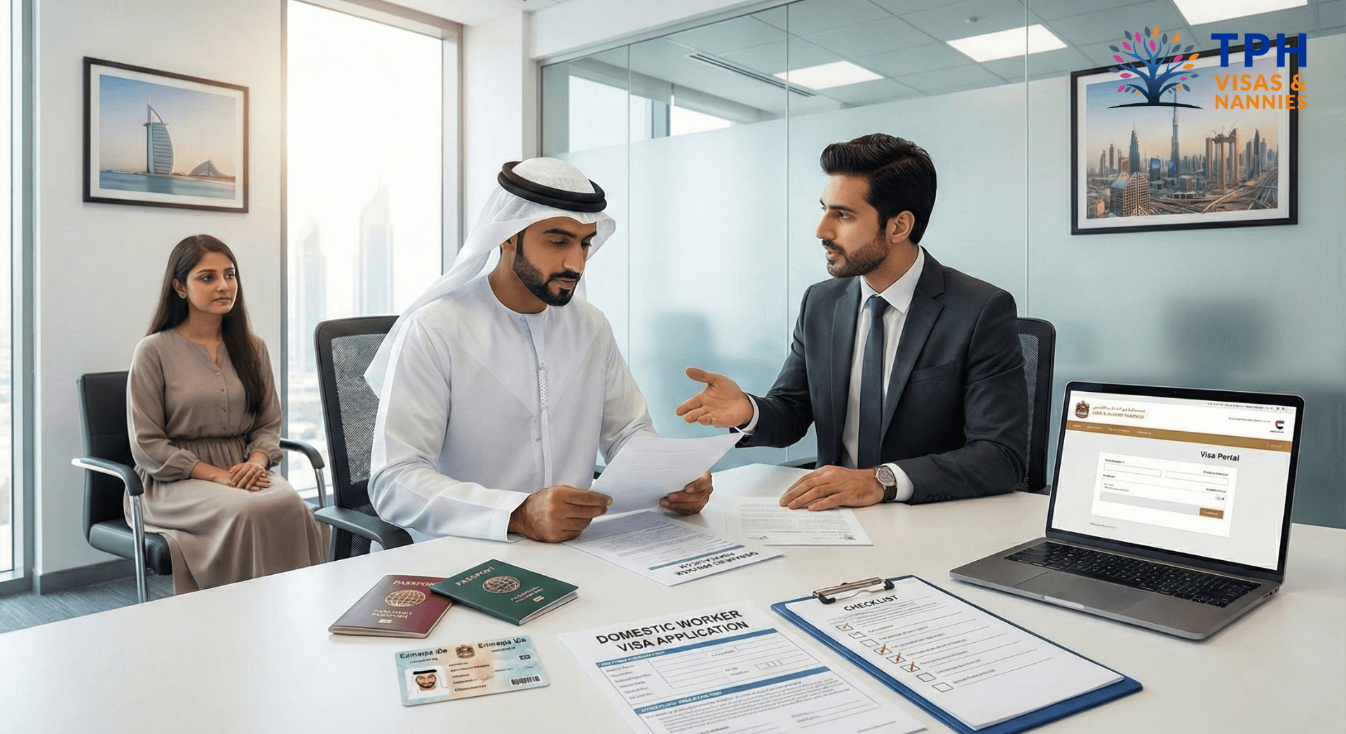How to sponsor maid visa in Dubai with a family completing documents at a service center.