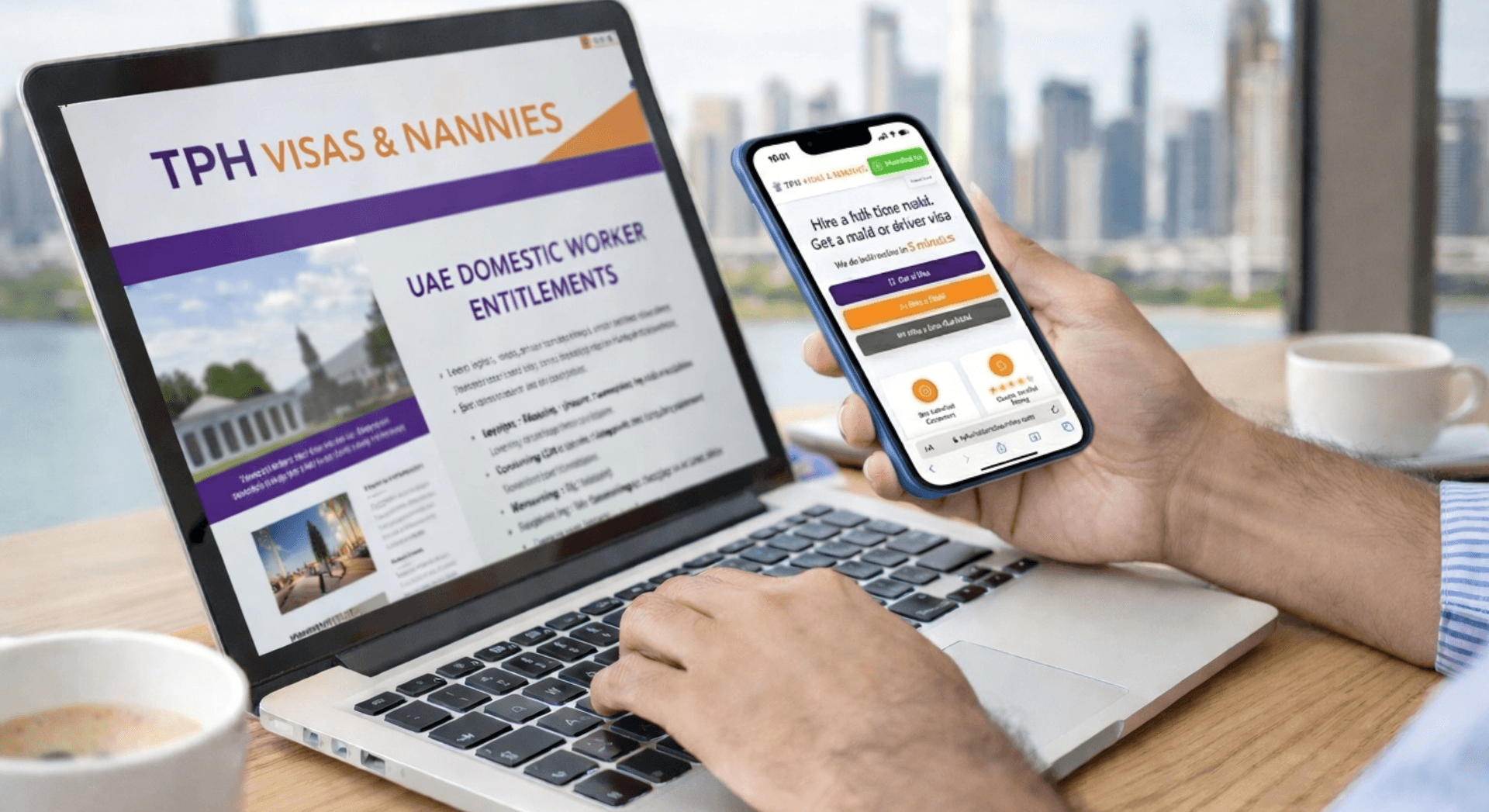 Person using laptop and phone to review maid visa renewal Dubai documents online in Dubai.