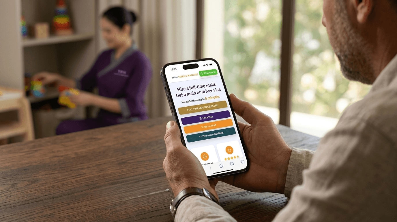 Man booking maids in Dubai on a mobile app while a maid works in the background