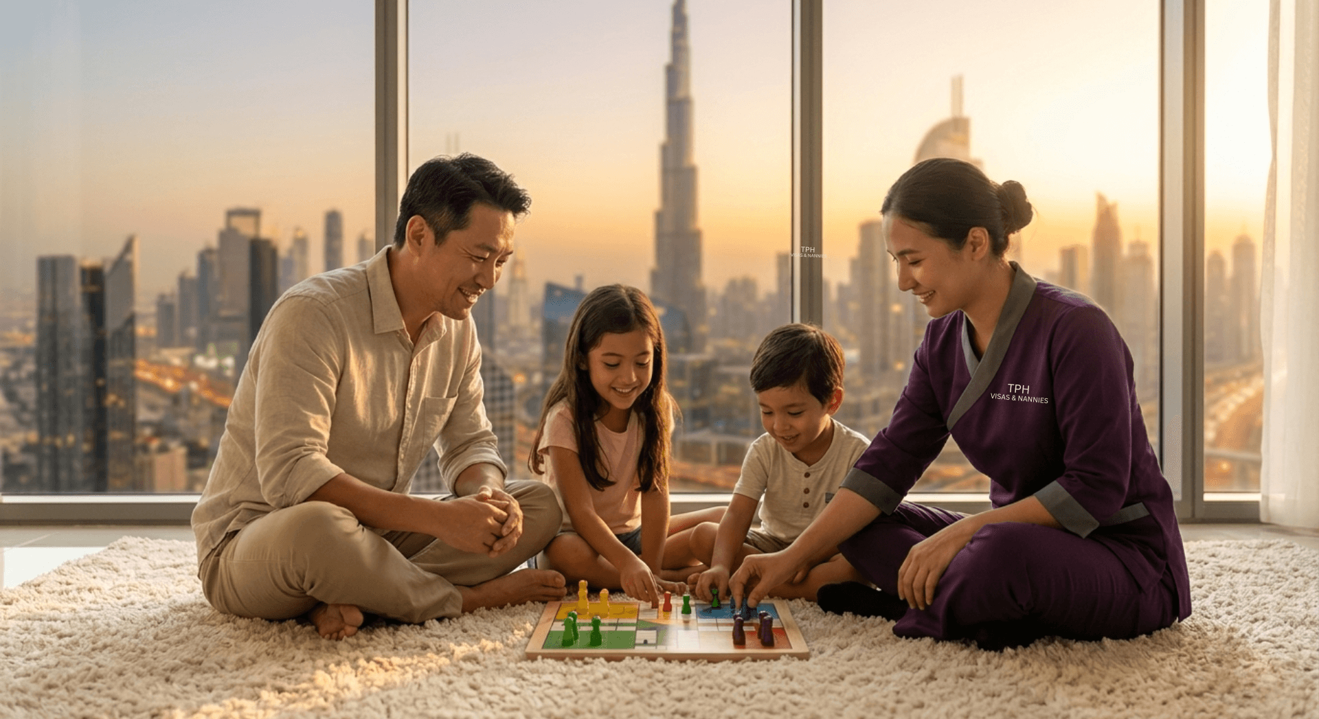 Family with children and caregiver in a Dubai apartment, representing maid visa in Dubai sponsorship and domestic worker support.