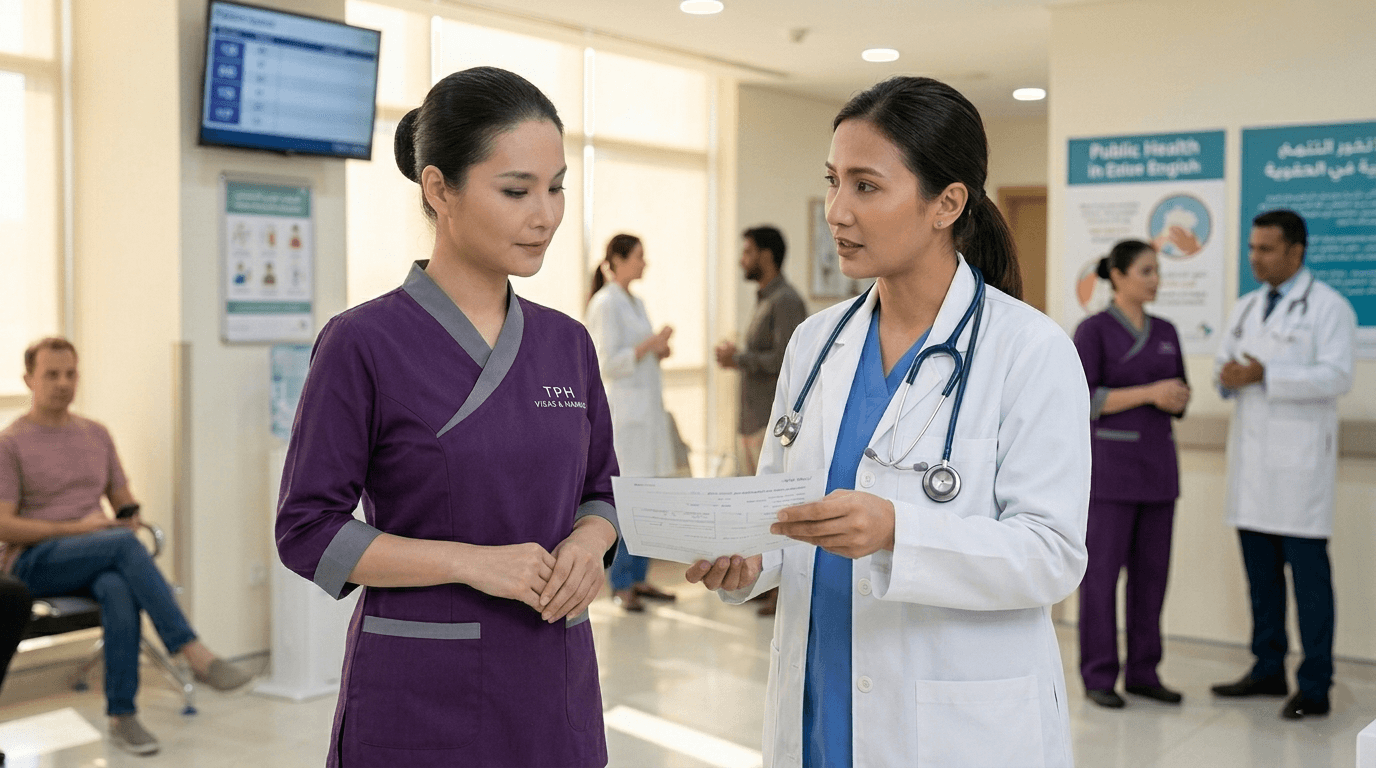 Doctor discussing medical test results with a domestic worker during a maid visa in Dubai medical fitness screening process.