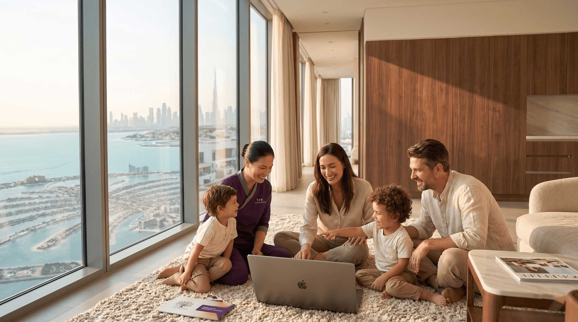 Family in Dubai discussing a maid visa in Dubai with a caregiver at home overlooking the city skyline.