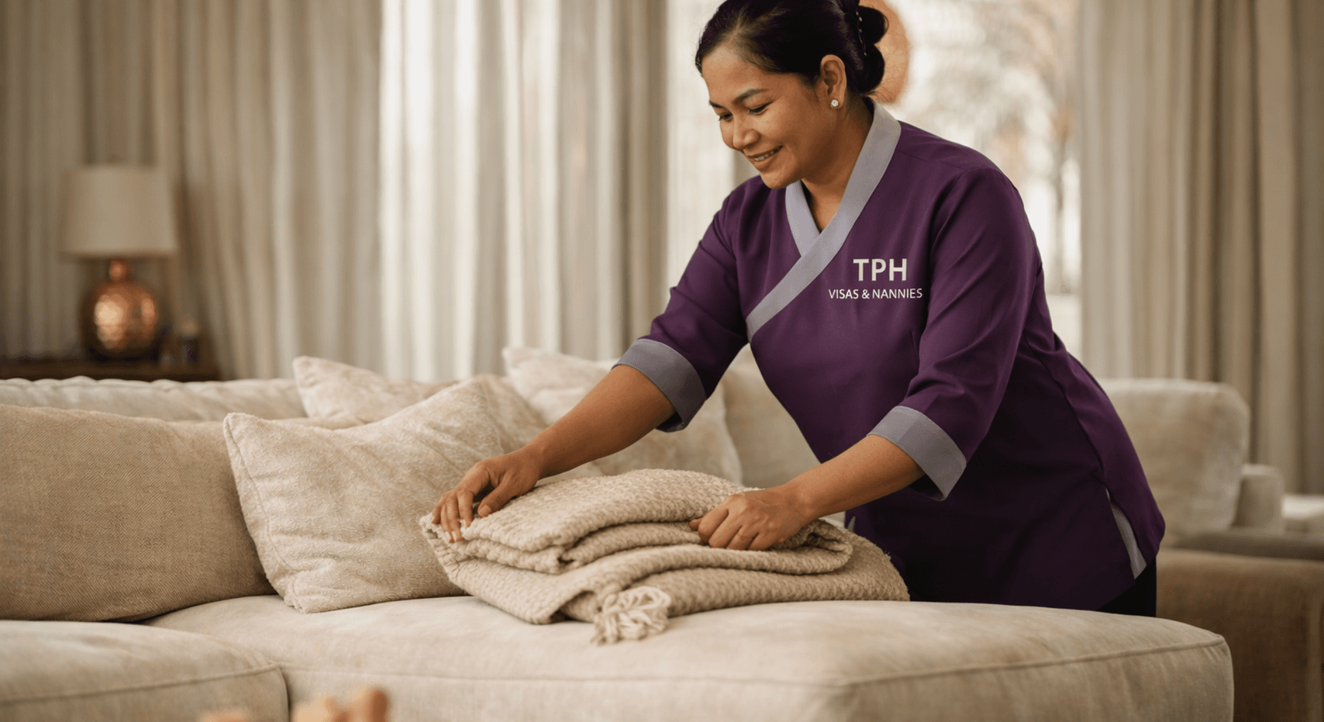 Live-in maid in Dubai folding blankets neatly on a sofa in a modern living room.