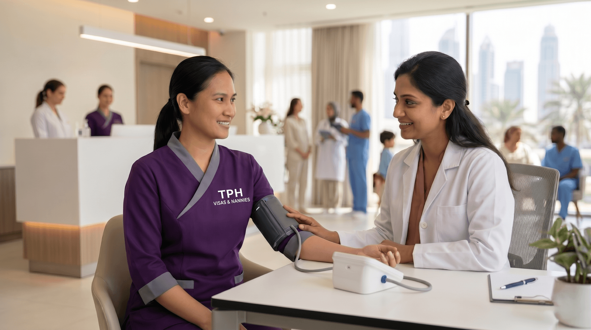 Maid visa in Dubai medical check with nurse measuring blood pressure at clinic