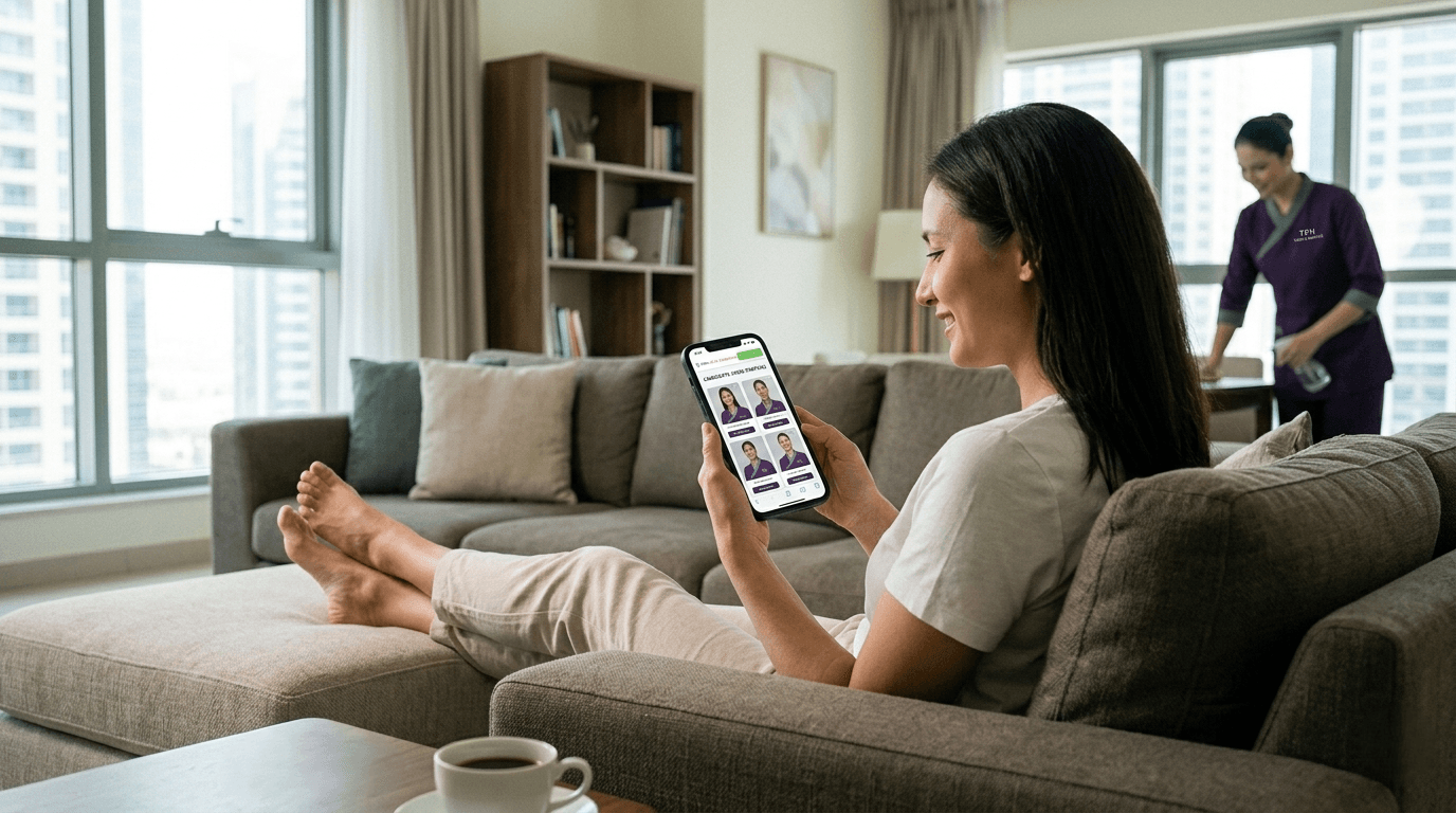 Woman relaxing on sofa using mobile app to hire a maid in Dubai while a uniformed housemaid cleans in the background.