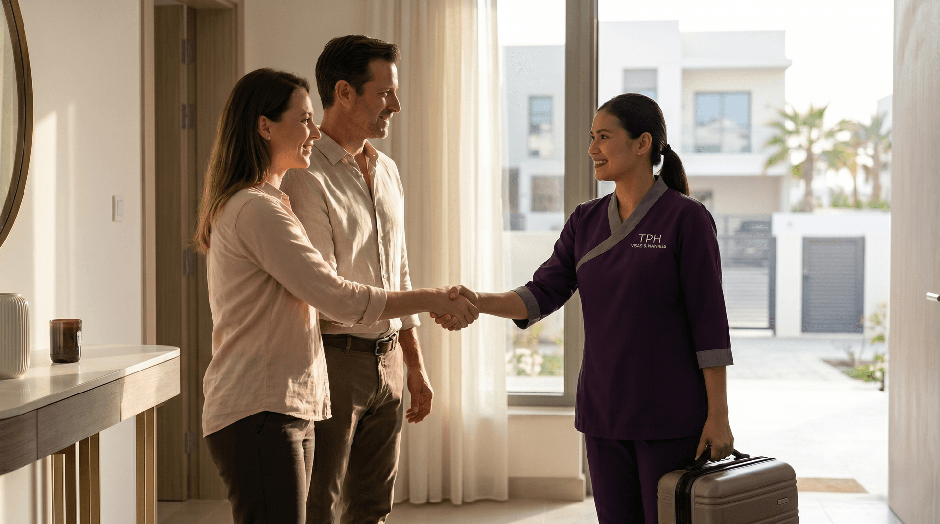 Couple greeting domestic worker, maid visa in Dubai hiring process.