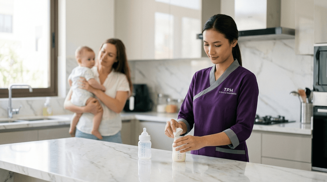 Nanny visa in Dubai caregiver preparing baby bottle while mother holds infant in kitchen