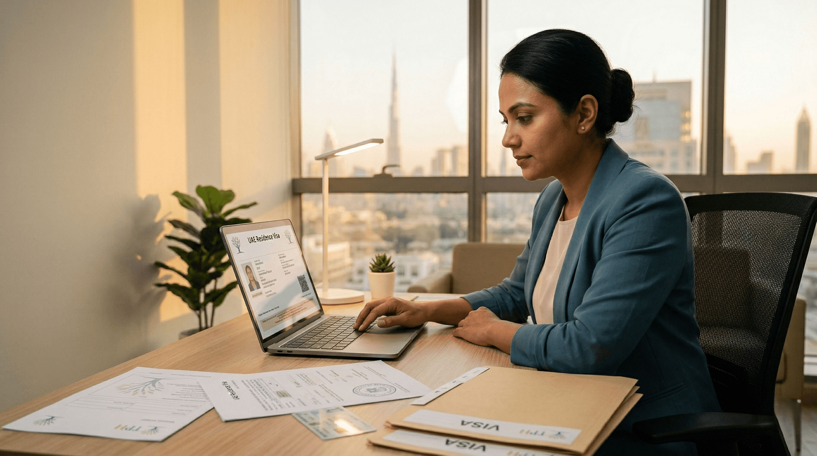 Woman reviewing documents and typing on a laptop for maid visa processing after sponsor change in Dubai office setting